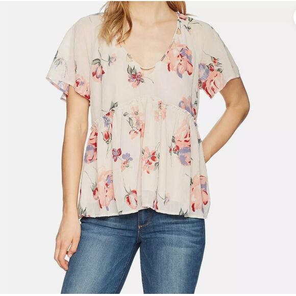 Lucky Brand Floral Flutter Sleeve Babydoll Flowy Top Blouse S Small - Picture 2 of 10